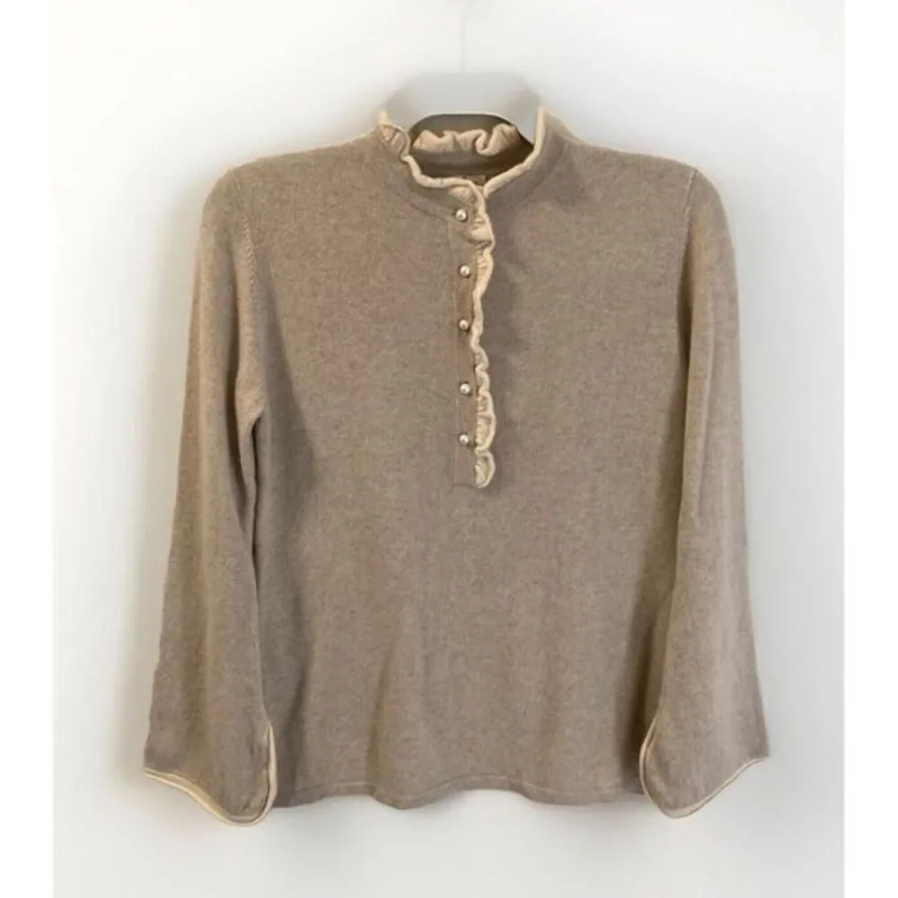 Cortland Park Cashmere Sweater‎ Beige Ruffle Neck Pearl Buttons Sz M Coquette - Picture 2 of 9